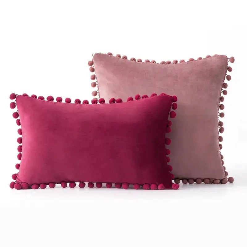 Velvet cushion covers with pom-pom fringe, pink tones; set of 2 decorative sofa pillow covers by Simples Market