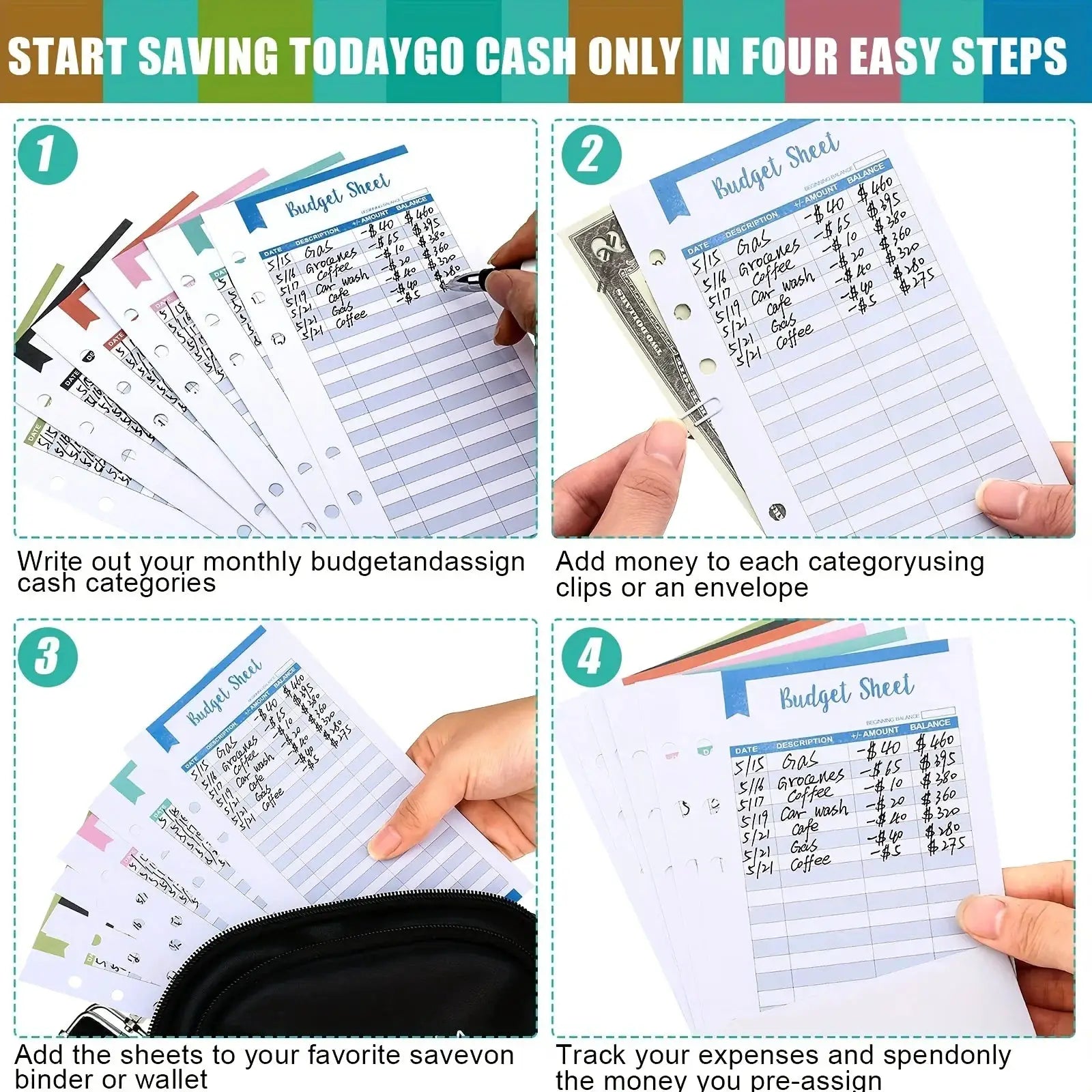 60-Piece A6 glossy budget sheets for 6-ring binder by Simples Market, expense tracker