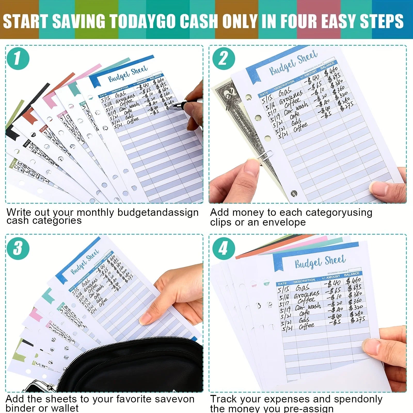 Simples Market 60 A6 glossy budget sheets for a 6-ring binder expense tracker (envelope planner wallet)