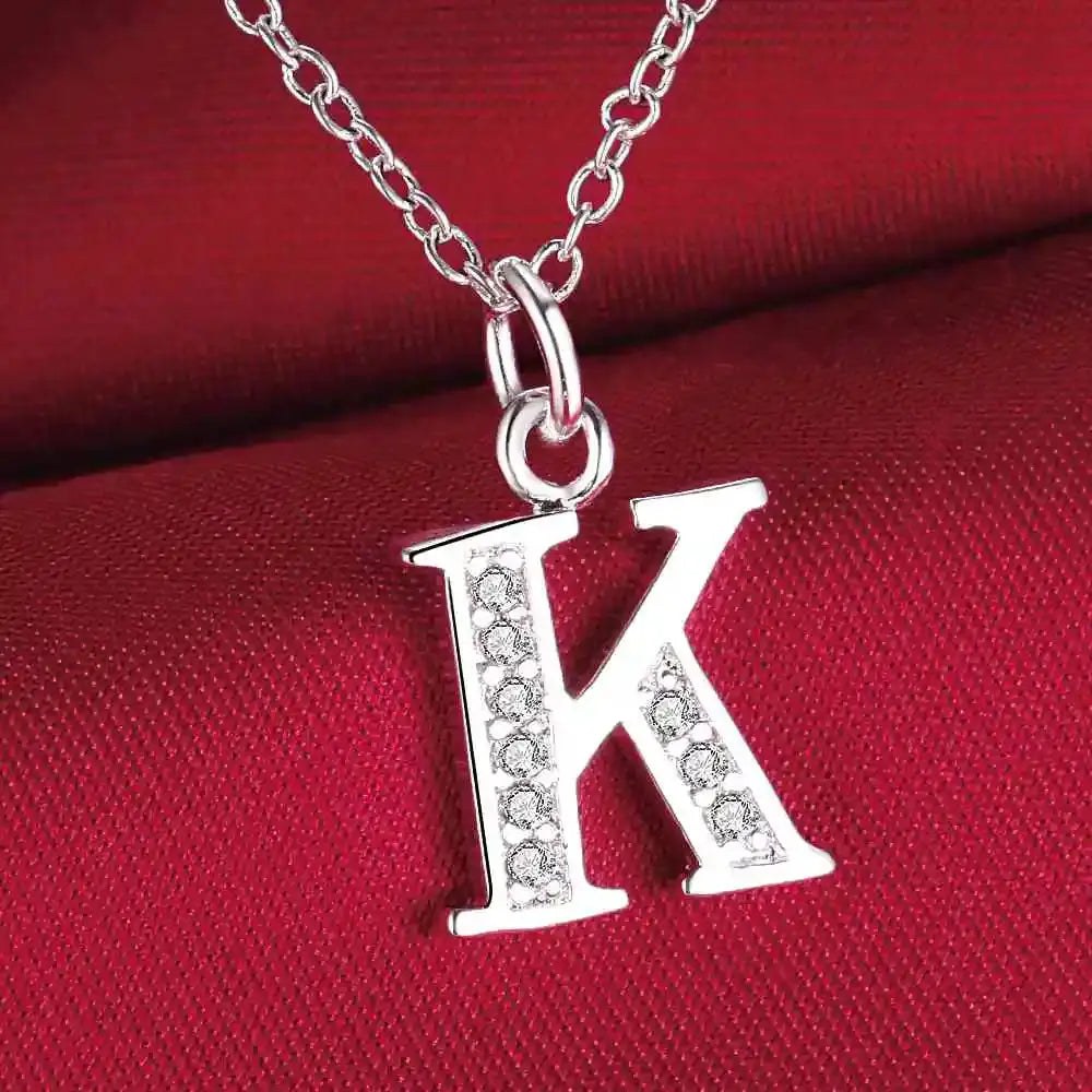 K letter pendant necklace in 925 sterling silver with zircon stones for women