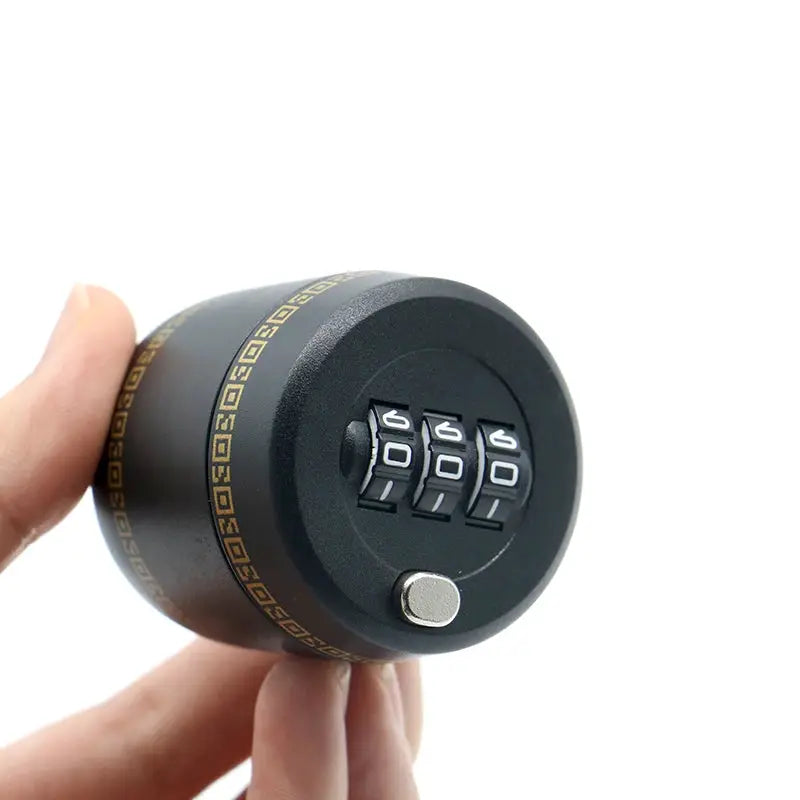 Black plastic wine stopper with 4-digit combination dials and a metal plunger