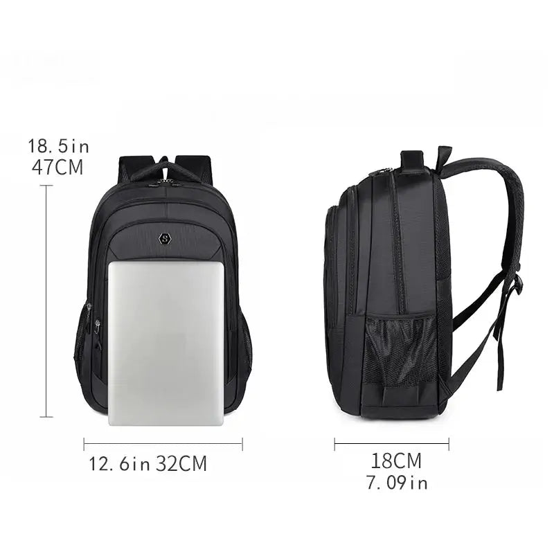 Travel backpack by Simples Market, black with large capacity laptop compartment, dimensions 18.5 x 12.6 x 7.0 in.