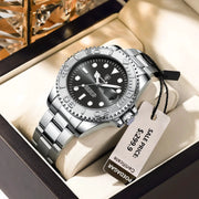 POEDAGAR luxury stainless steel men's watch with black dial, luminous markers, date window, waterproof 30m and rotating bezel