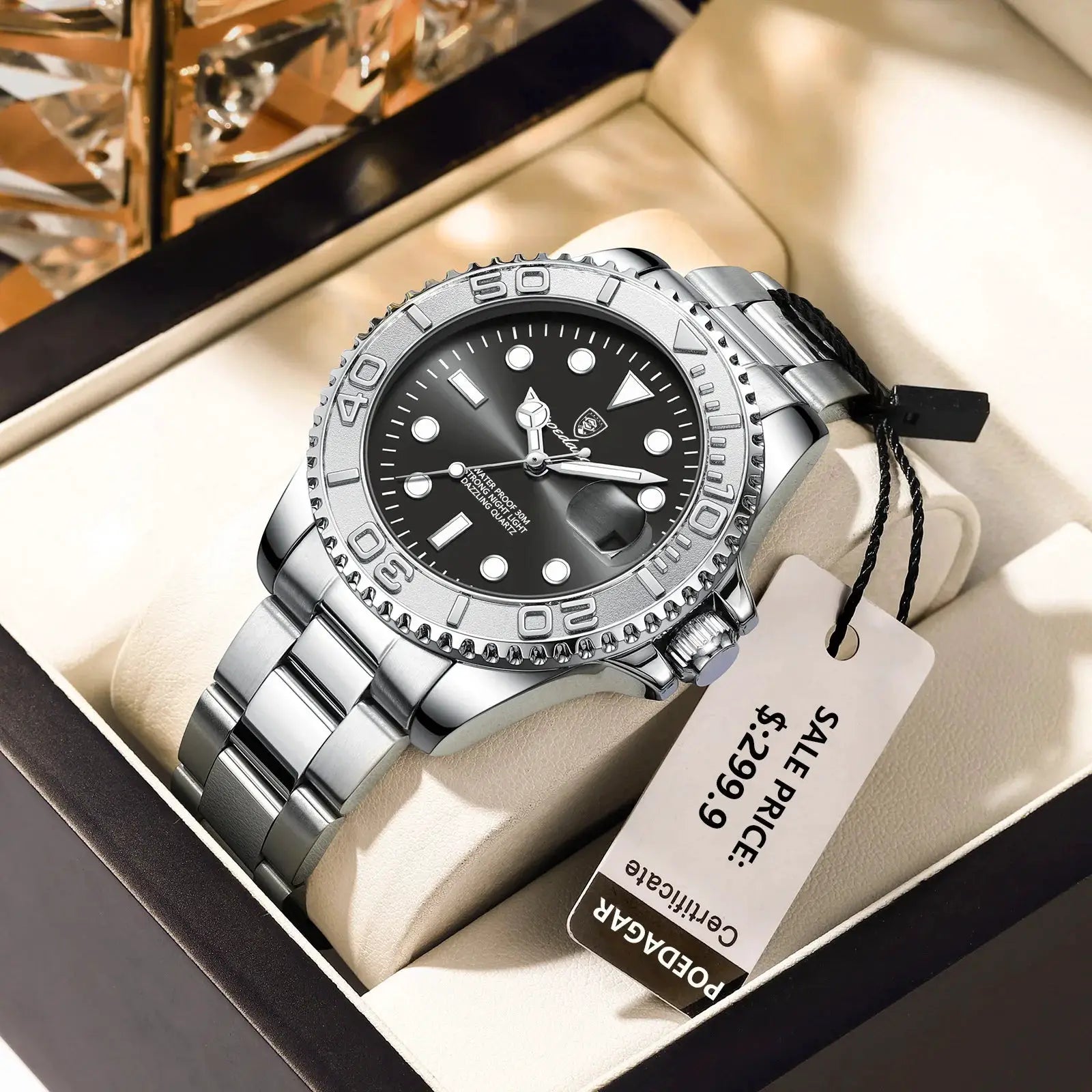 POEDAGAR stainless steel men's luxury wristwatch, black dial, waterproof, luminous markers, date