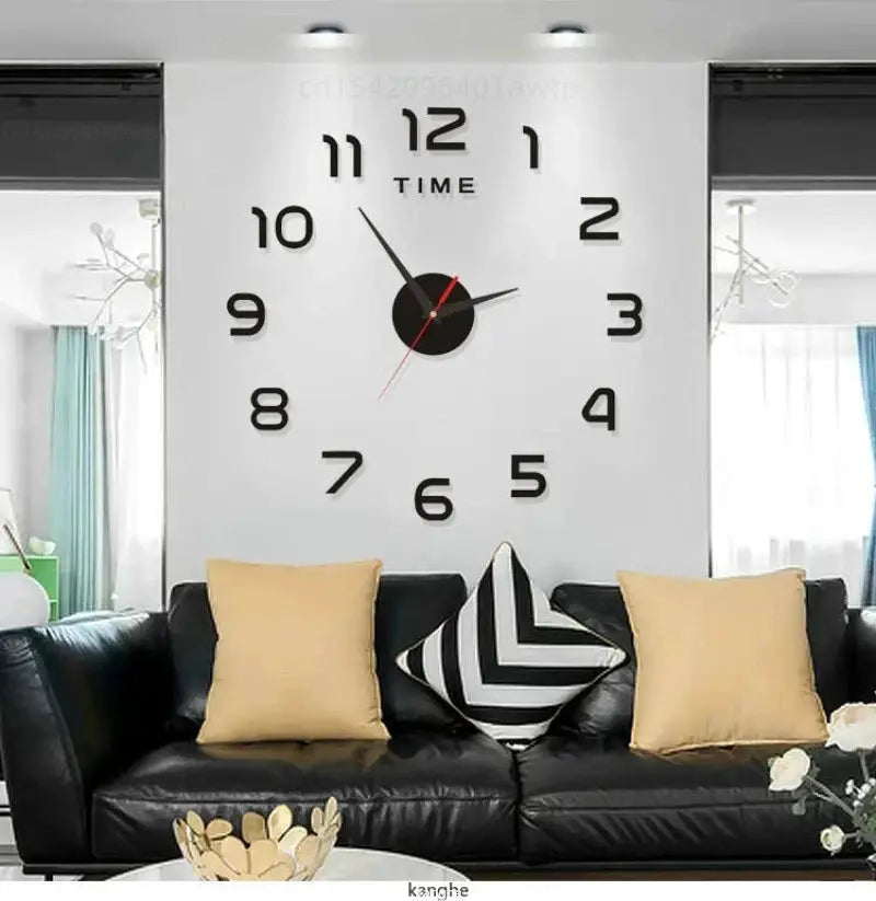 Large wall clock with bold black numerals on white background, black center, red second hand