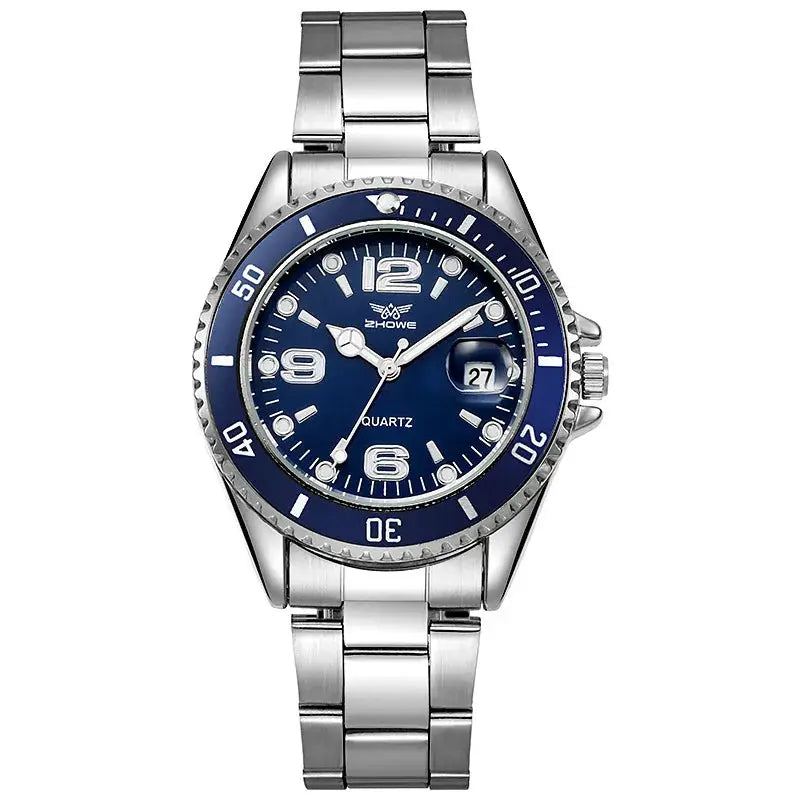 Men's stainless steel quartz wristwatch with blue dial, rotating bezel and date magnifier