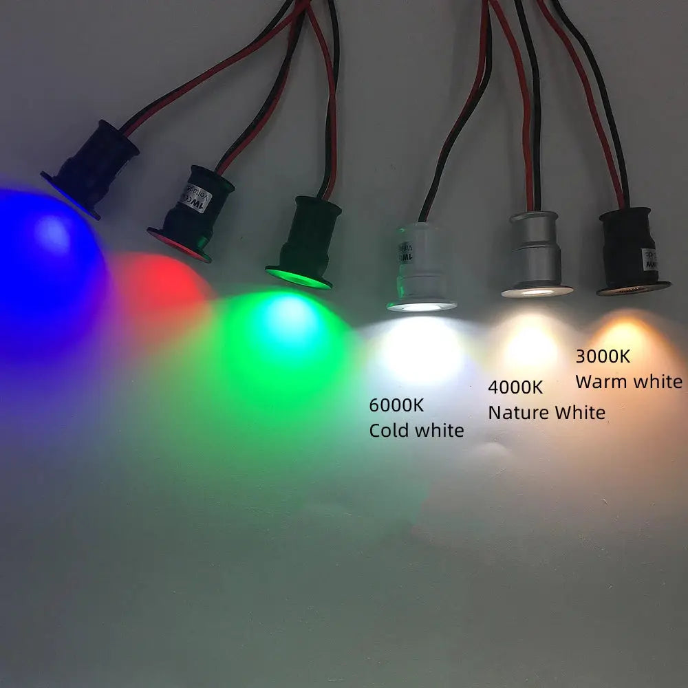1W mini LED downlight set, 12V; RGB colors plus white temps, showing blue, red, green and warm/cool white light 6 lamps