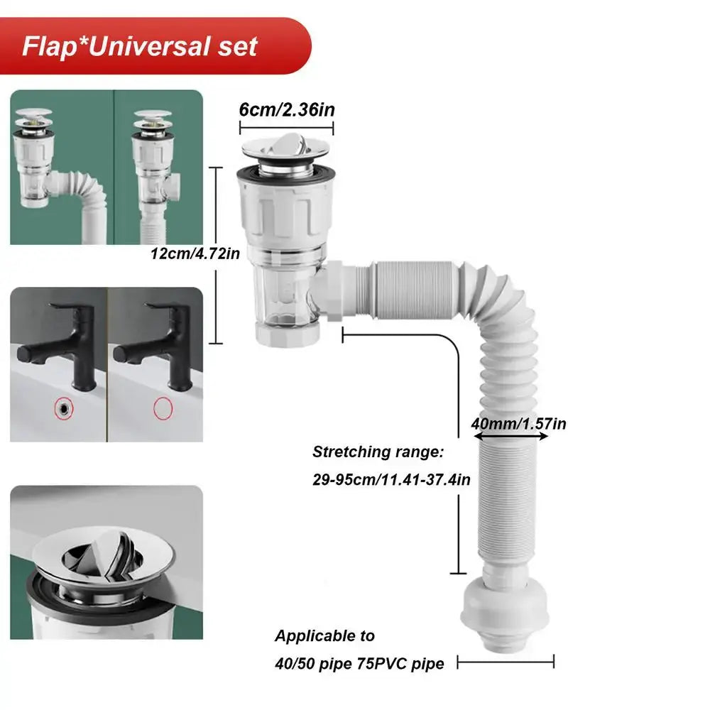 Retractable anti-odor drain pipe with flip-top sink filter, Simples Market universal set, flexible hose