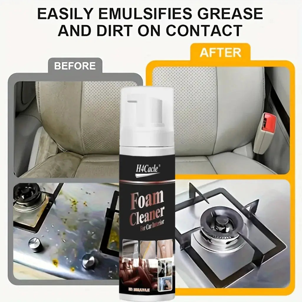 Foam Cleaner spray for car interior; white bottle with black label, shown with before/after seat cleaning panels.