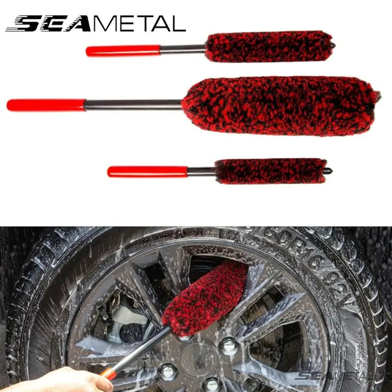 SEAMETAL car wheel detailing brush set, bendable 3-piece with red plush heads for rims and tires.
