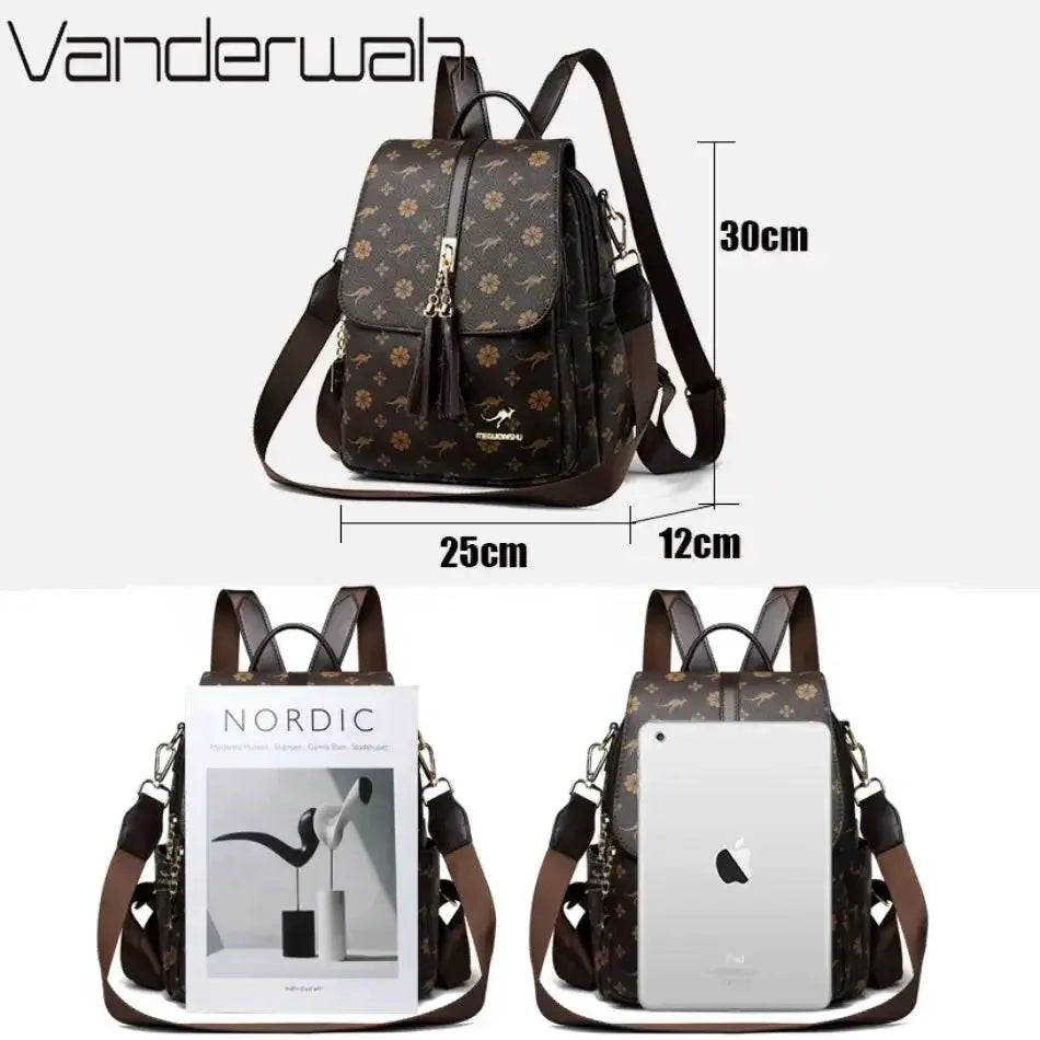 Vanderwahl floral-print leather backpack with tassel accents, brown straps, large capacity, 30cm tall