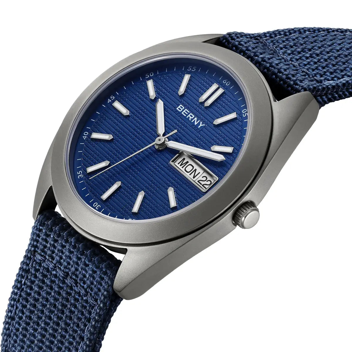 BERNY titanium men's watch with blue dial, navy fabric strap, day/date window, 38mm, 10ATM