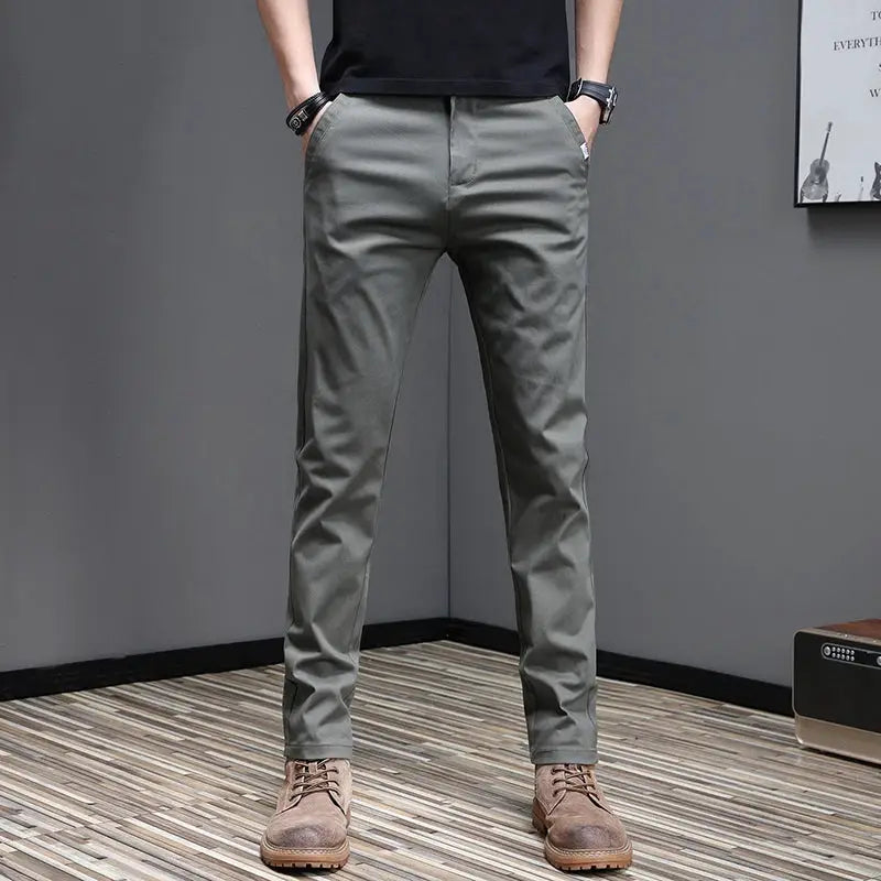Men's casual pants, gray olive slim-fit cotton-stretch trousers