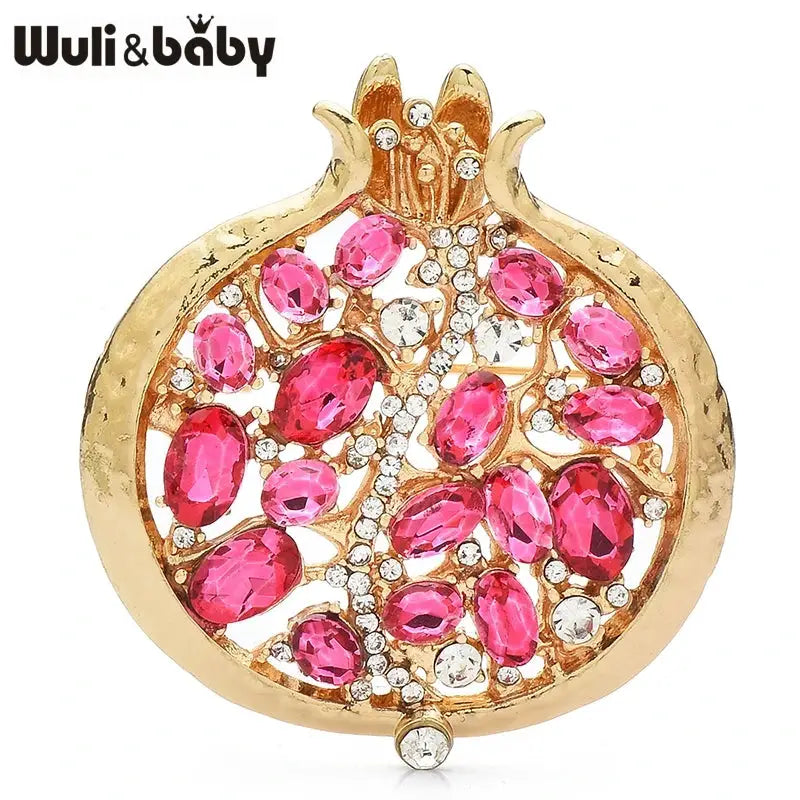 Wuli Baby Red Crystal Pomegranate Plant Brooch Pin For Women Summer Jewelry Gift Bag Accessory