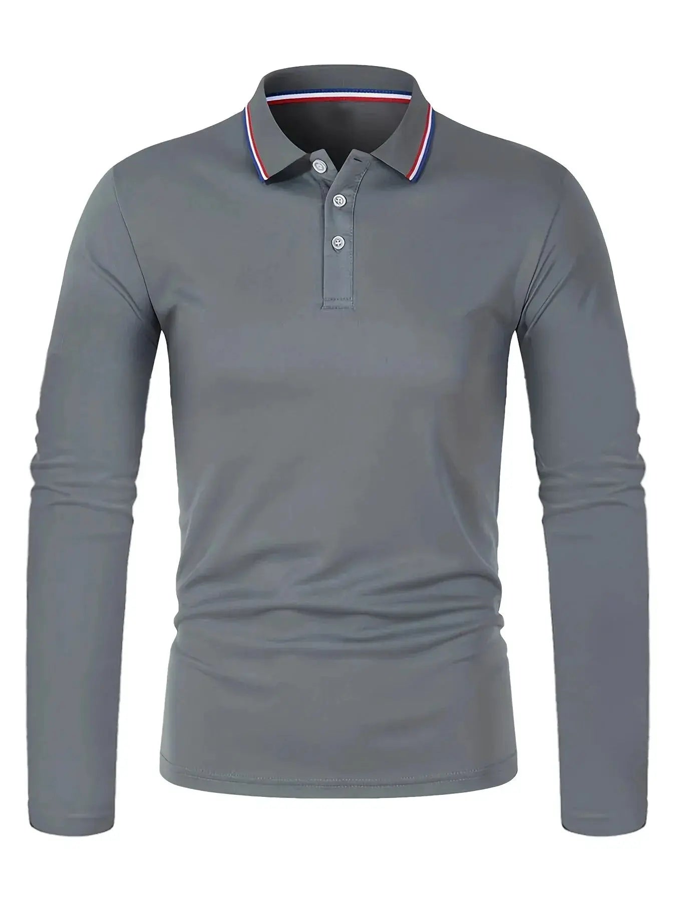 Men's grey long-sleeve polo shirt with red, white, and blue striped collar by Simples Market