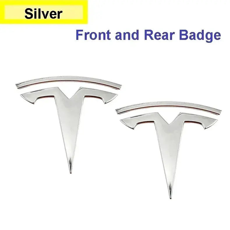 Tesla emblem badges set: two silver chrome front and rear logos, zinc alloy, Simples Market.