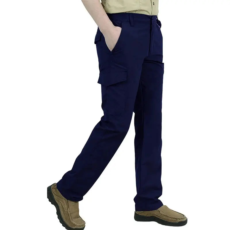Casual men's cargo pants, navy blue, multiple pockets; quick-dry, breathable outdoor hiking trousers by Simples Market