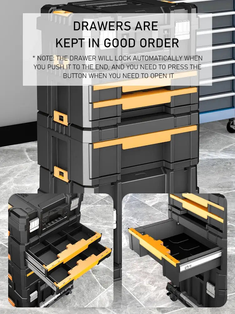 AIRAJ stackable modular toolbox set with wheels; black body with orange handles, by Simples Market