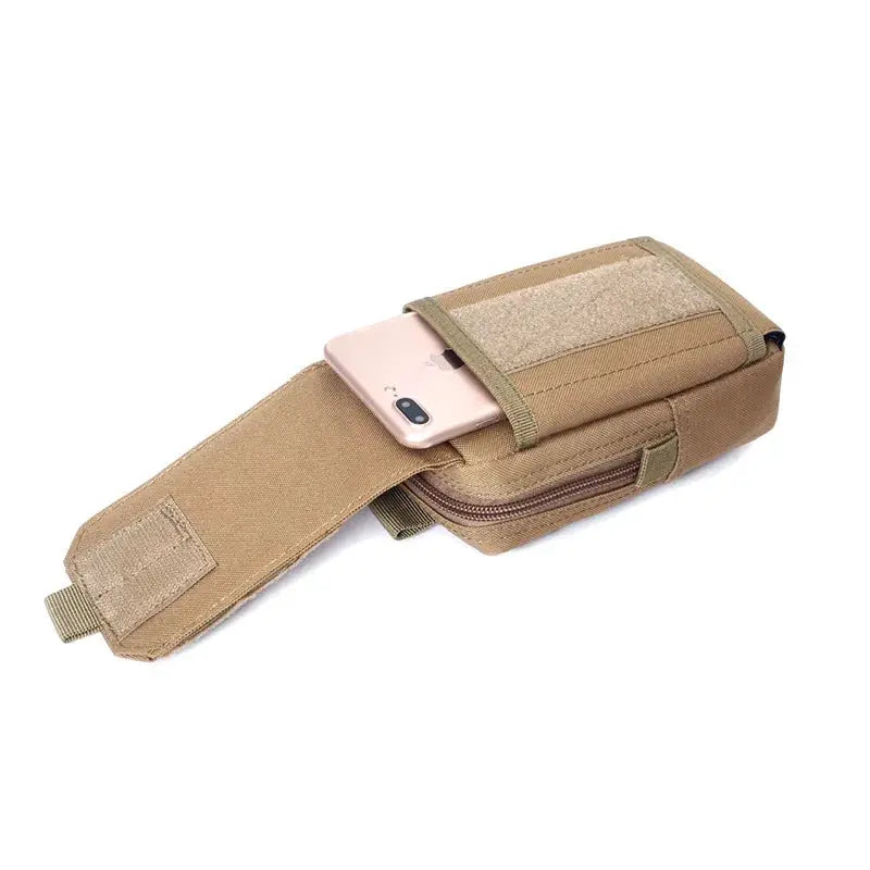 Tactical Molle waist bag in tan nylon with phone pocket and zippered compartments