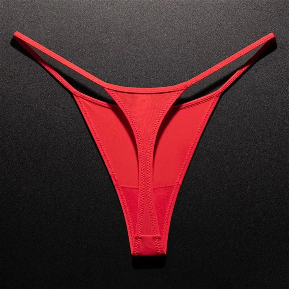 Red women's thong underwear with thin side straps and a high-cut V-front.