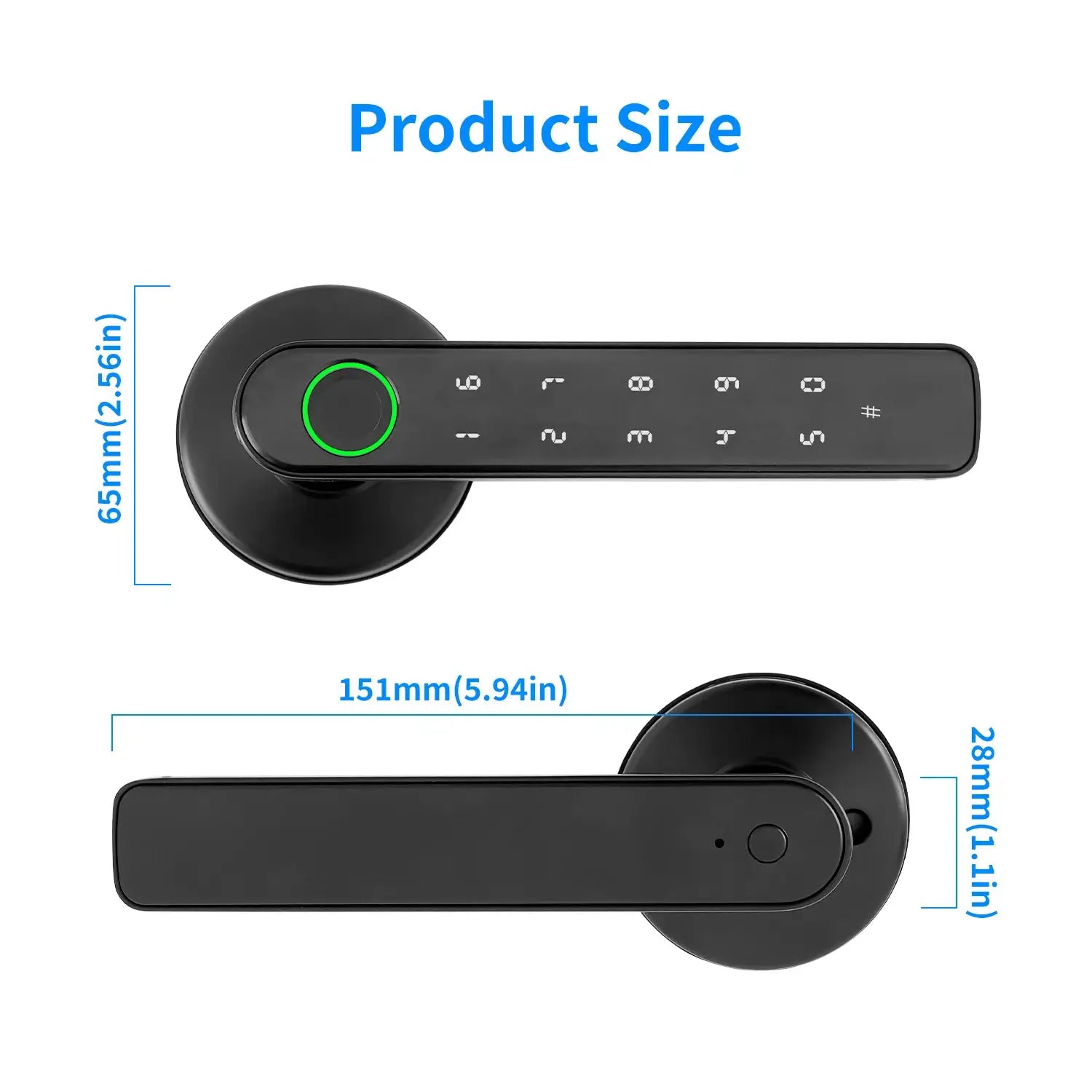 Tuya Bluetooth biometric smart door lock handle with fingerprint, numeric keypad, app unlock in black