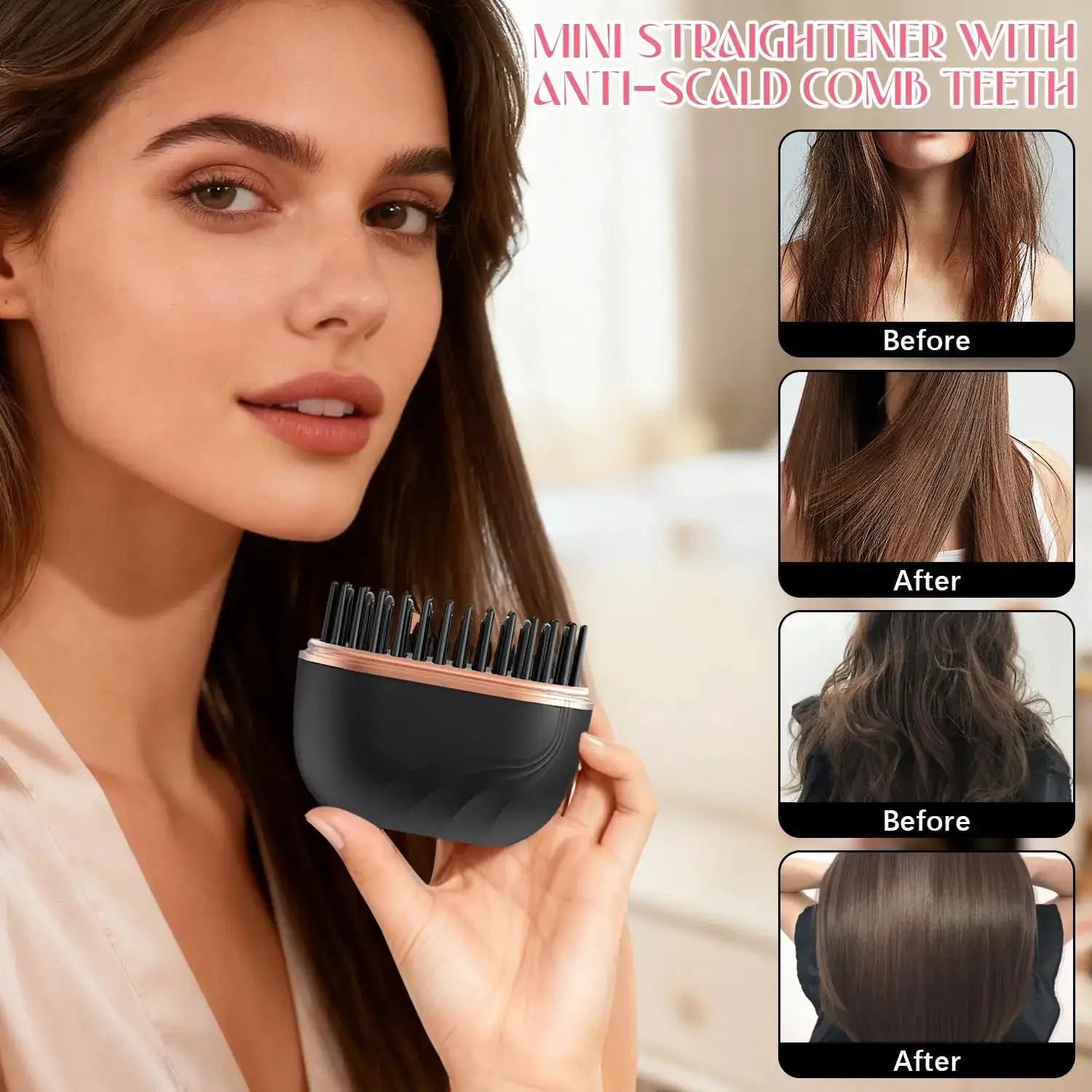 Simples Market mini cordless hair straightener brush, black with rose-gold trim, anti-scald, USB rechargeable