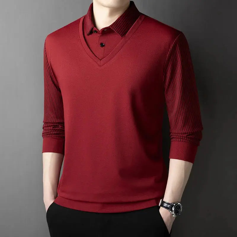 Men's red solid long-sleeve faux two-piece polo top with ribbed sleeves