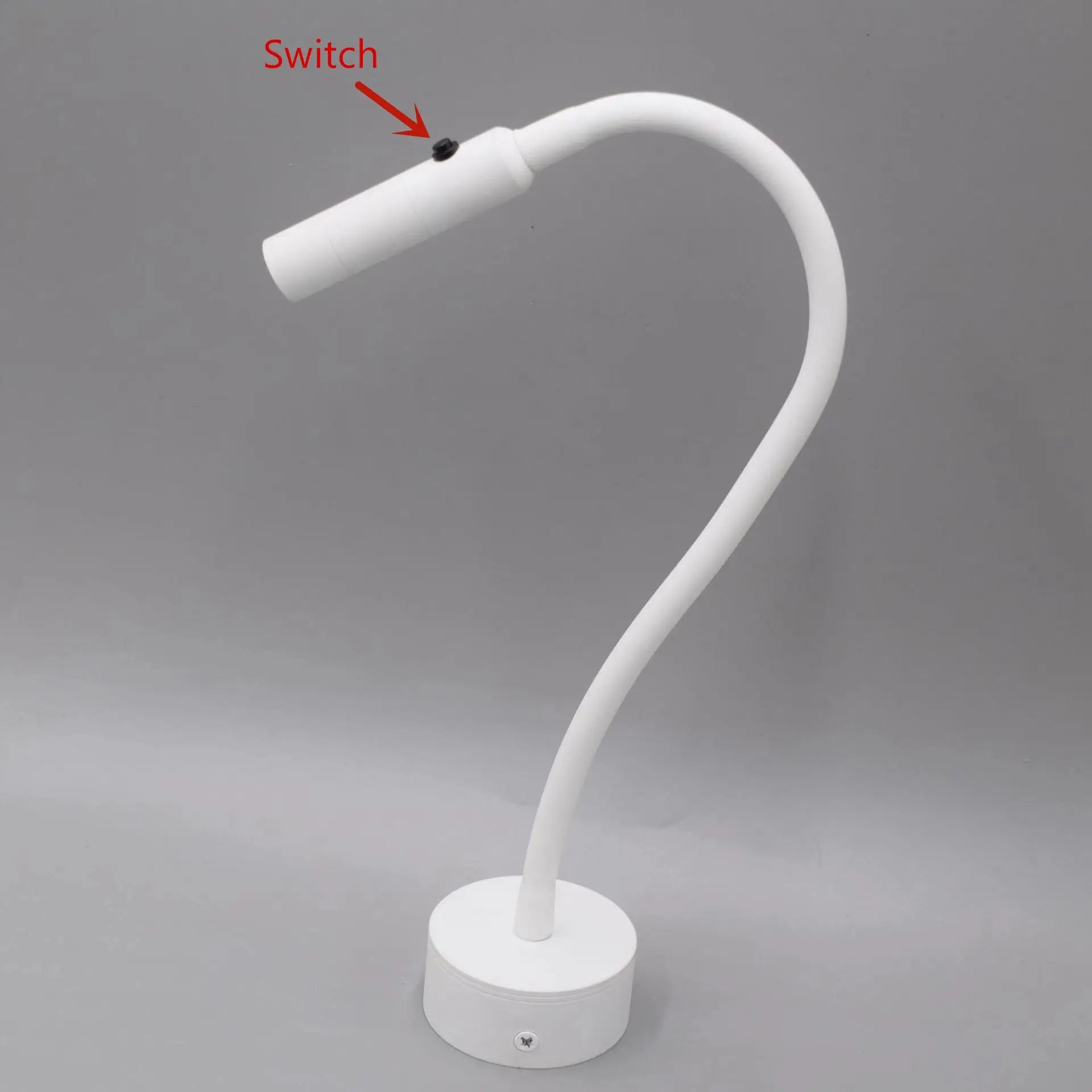 White LED flexible hose wall lamp with gooseneck and small black switch on the neck, round base.