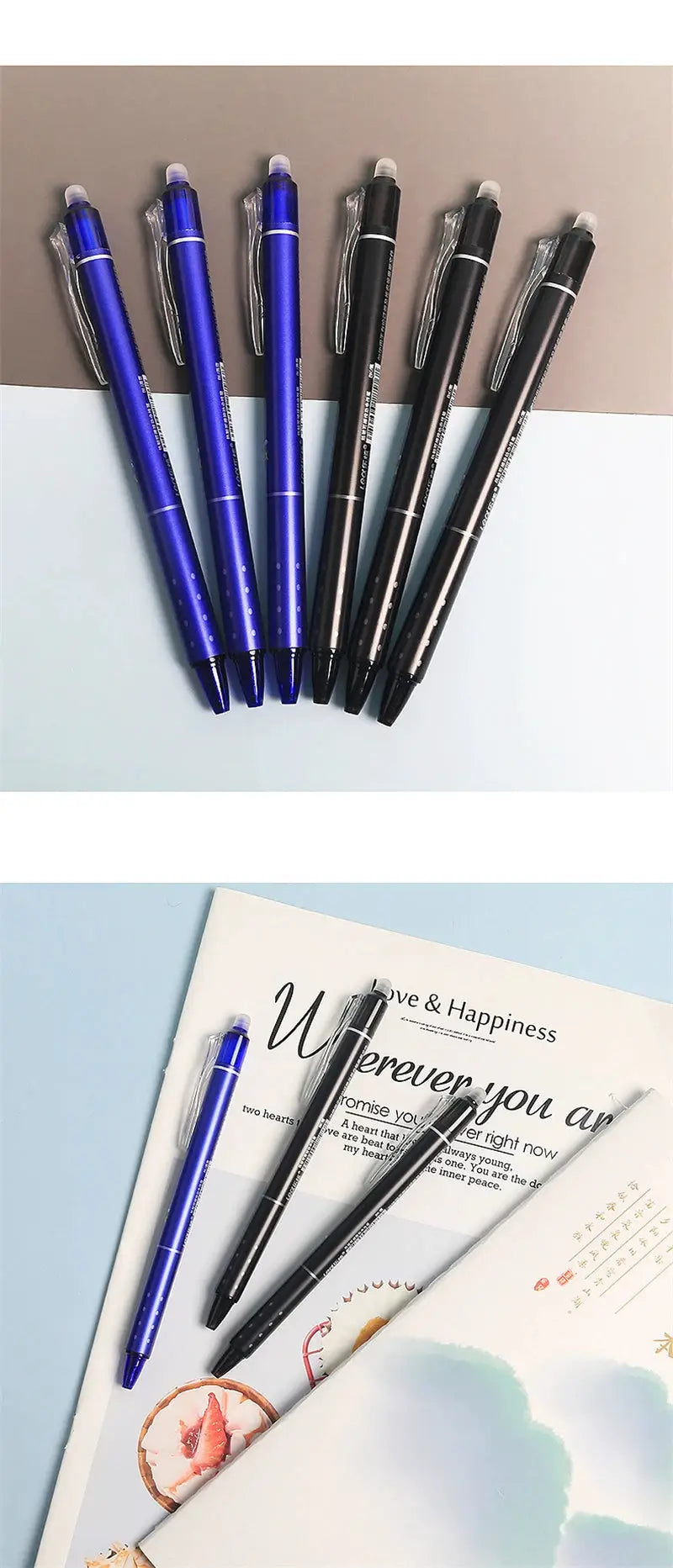 0.5mm retractable erasable gel pen set by Simples Market in blue and black, 6 pens with built-in erasers