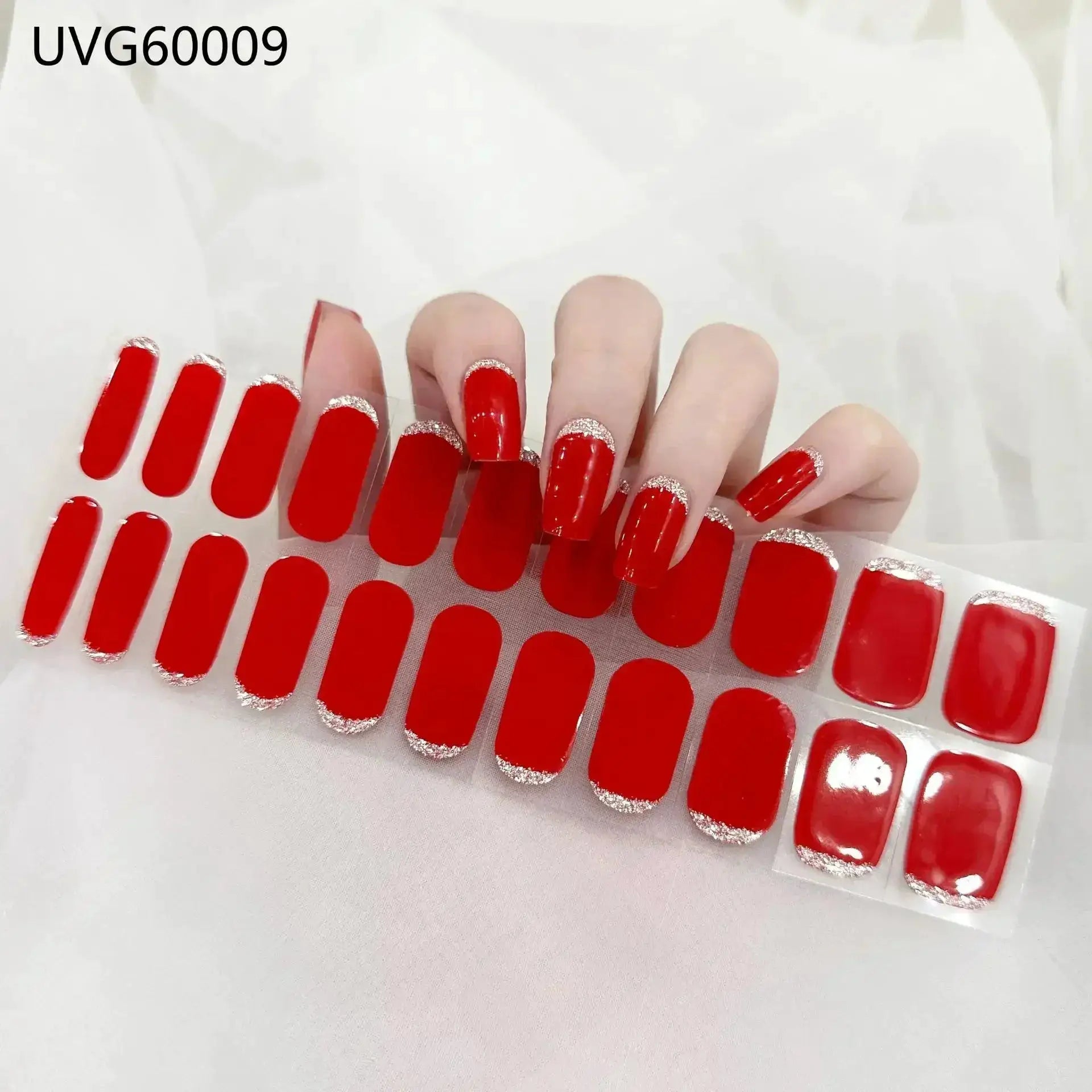 Gel nail wraps set: red full-cover tips with silver glitter edges