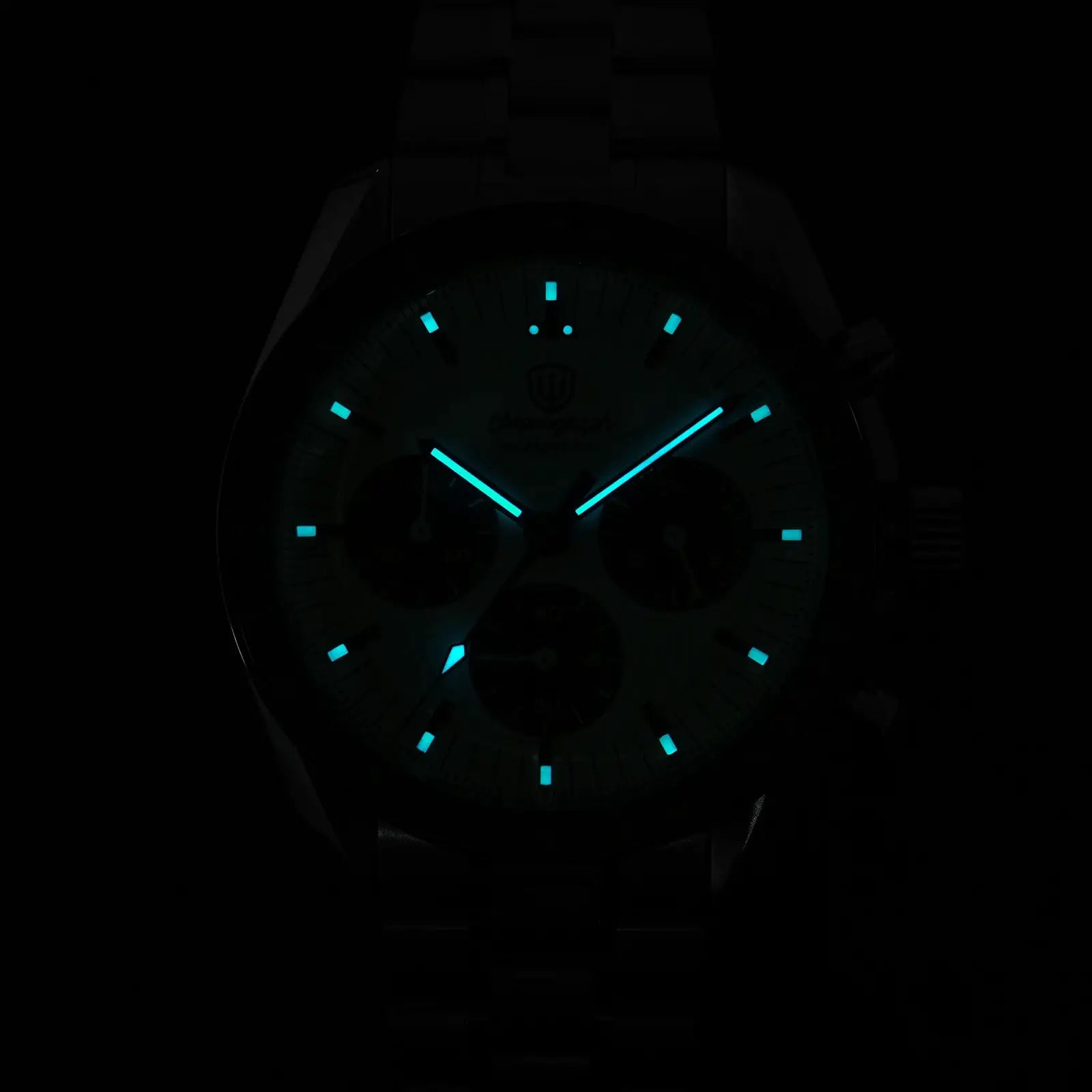 Watchdives WD1863 39mm stainless steel chronograph watch with luminous blue hands and markers