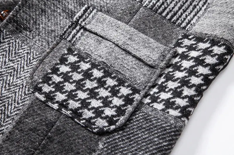 Grey tweed plaid waistcoat with patch pocket in houndstooth pattern