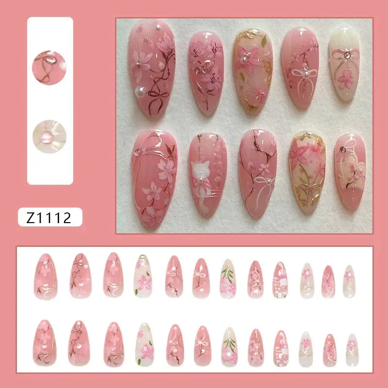 Spicy Girl Flower Print Press On Nails 24Pcs Wine Red Blush Almond Wearable Reusable False Nail Tips For Summer