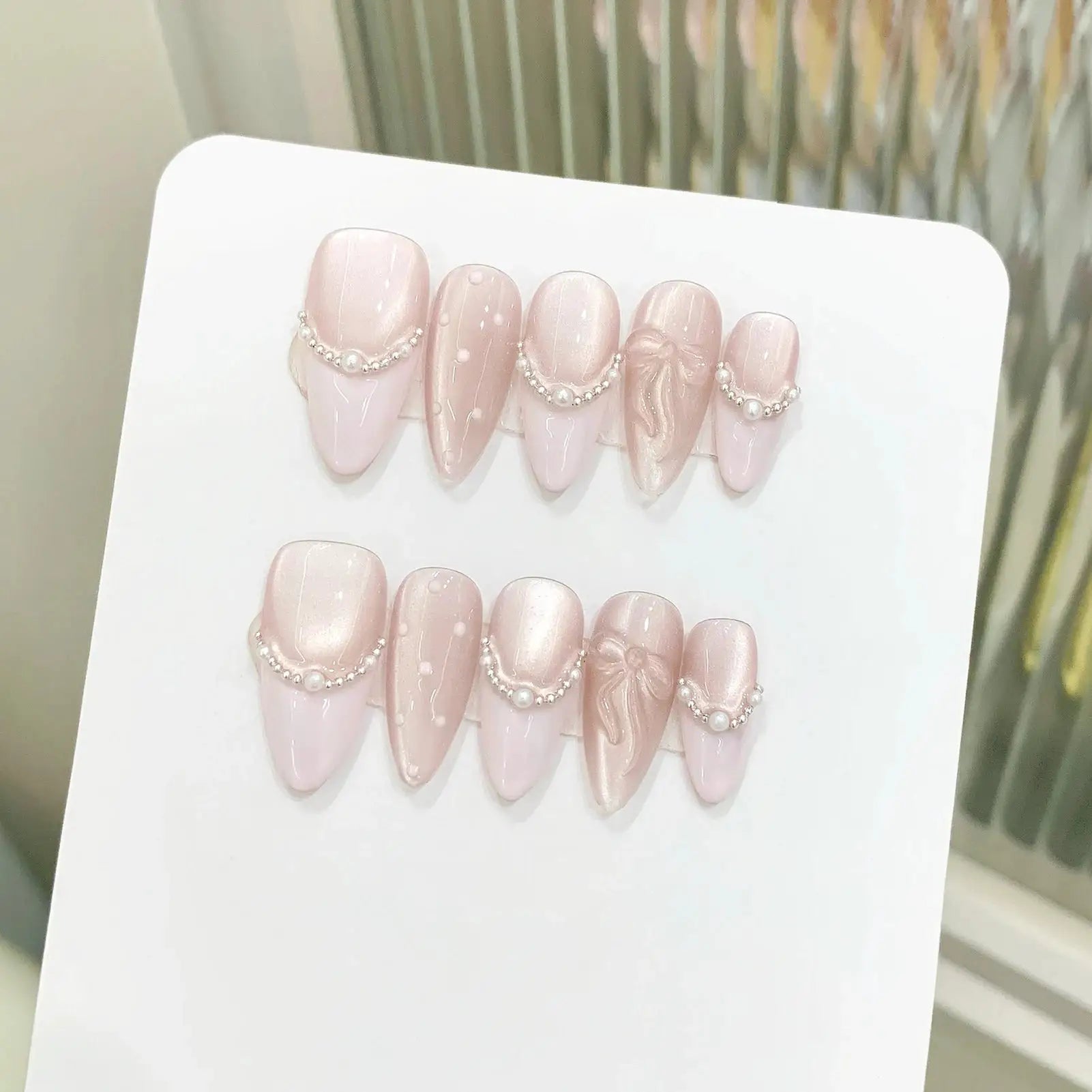 LuxeNail Cat Eye French Press On Nails With Pink Bow Decor Full Cover Almond Tips
