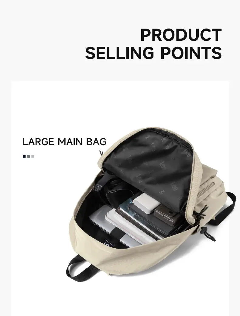 LEE lightweight 16-inch laptop backpack in beige Oxford fabric with a large main compartment