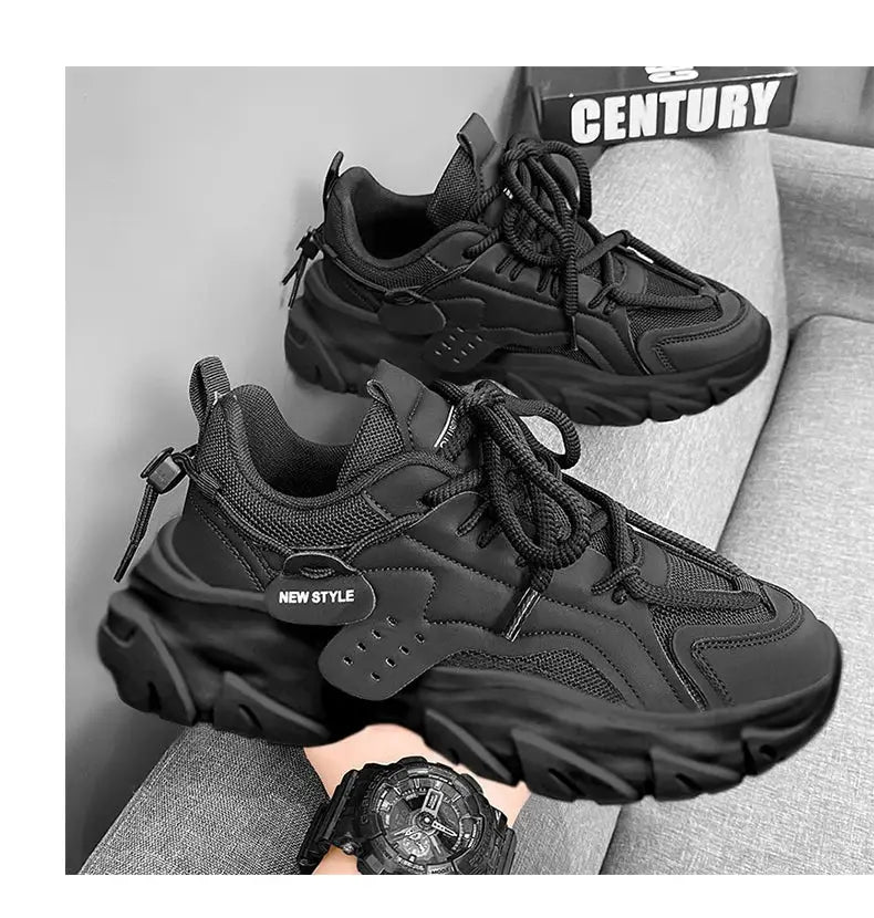 Men's black sneakers with thick chunky sole and breathable mesh; two pairs shown