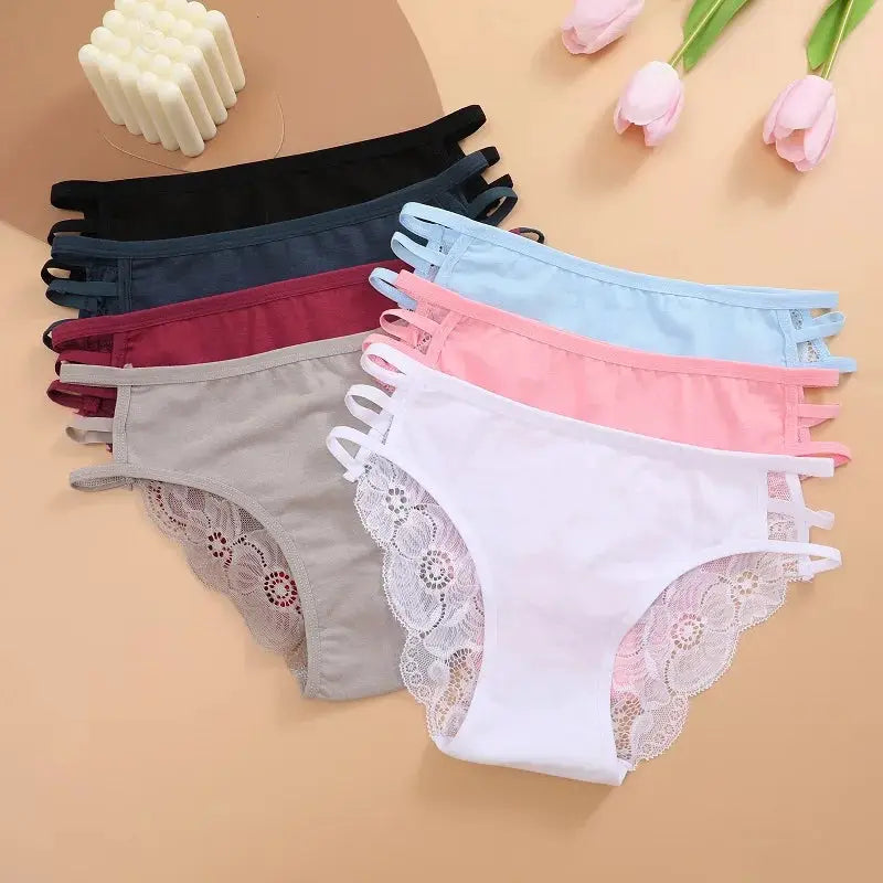 Lace panties set, 7-piece, low-rise briefs with floral lace side panels