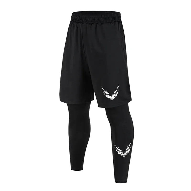 Men's black 2-in-1 compression shorts and leggings two-piece set with white graphic on thigh and calf