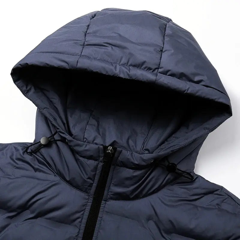 Men's navy blue Simples Market hooded down puffer jacket with quilted panels and front zipper