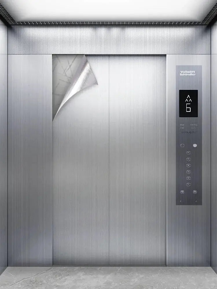 PVC stainless brushed silver removable wallpaper vinyl by Simples Market shown on elevator interior panels