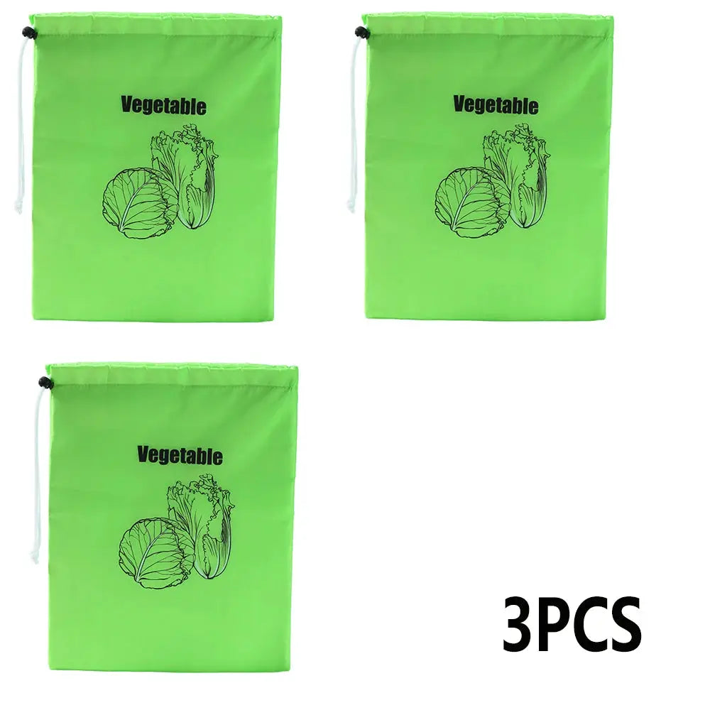3 green insulated aluminum-foil vegetable storage bags with drawstring closure