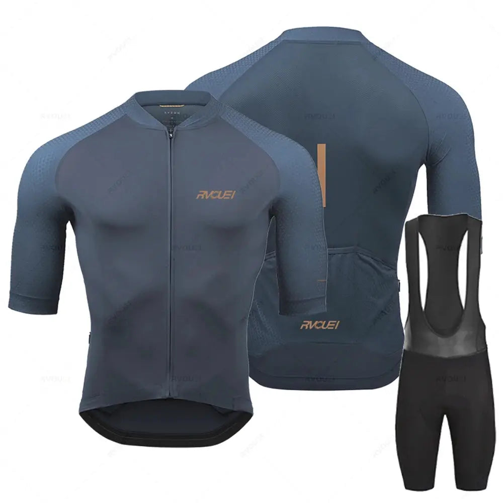 Rvouei Pro Team two-piece cycling jersey set with breathable blue jersey and bib shorts