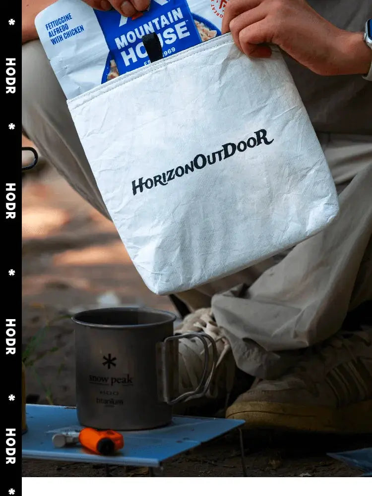 Horizon Outdoor Tyvek insulated food pouch in white; ultralight, tear-resistant meal warmer for freeze-dried meals.