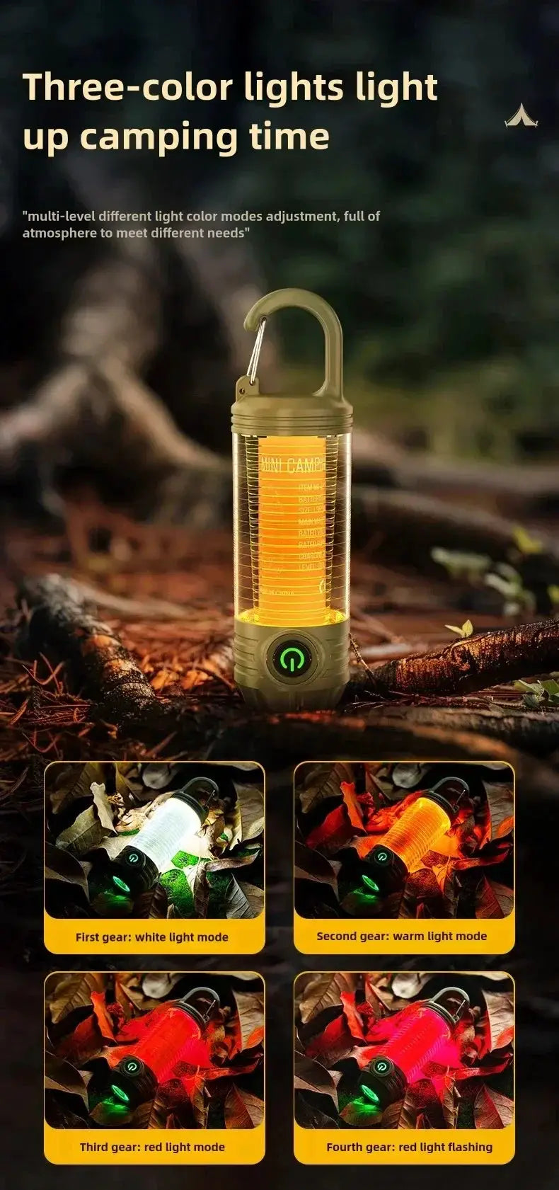 Simples Market outdoor LED camping lantern in olive green, rechargeable with hook and 3 color modes.