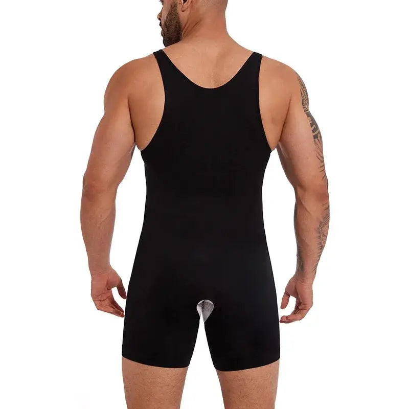 Men's black sleeveless full-body shapewear bodysuit with compression underwear, back view