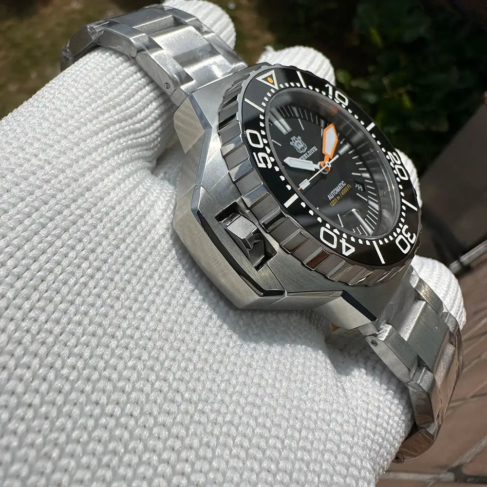 Steeldive Proplof SD1969 V3 dive watch, 56mm oversized, black dial, orange accents, AR sapphire glass