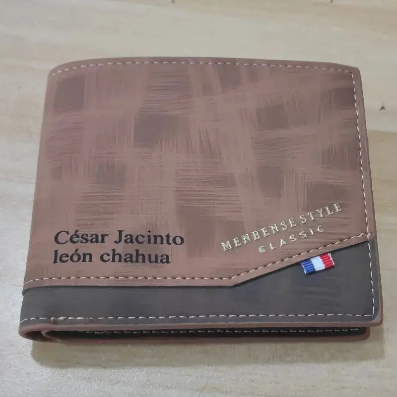 Men's brown frosted leather wallet with black band, slim coin pocket and photo holder