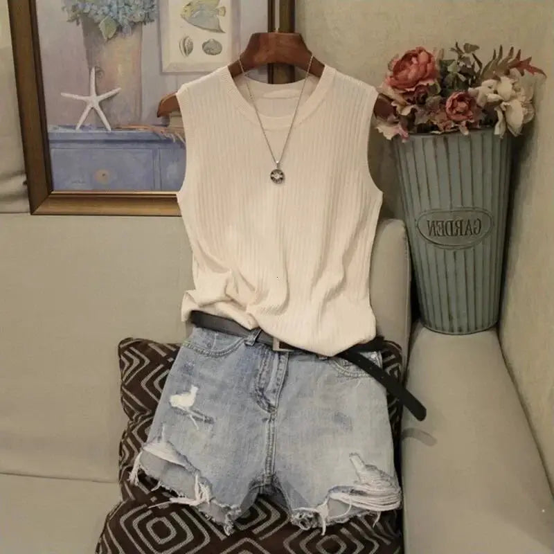 Korea Knitted Vests Women Top Lightweight Breathable High Stretch Polyester Knit For Summer Comfort