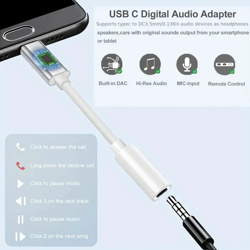 USB-C to 3.5mm audio adapter, Simples Market, silver USB-C dongle with 3.5mm jack for smartphones.