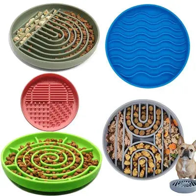 Five-piece pet slow-feeder bowls and mats set for cats and dogs in blue, green, red, gray; anti-choking, non-slip round designs.